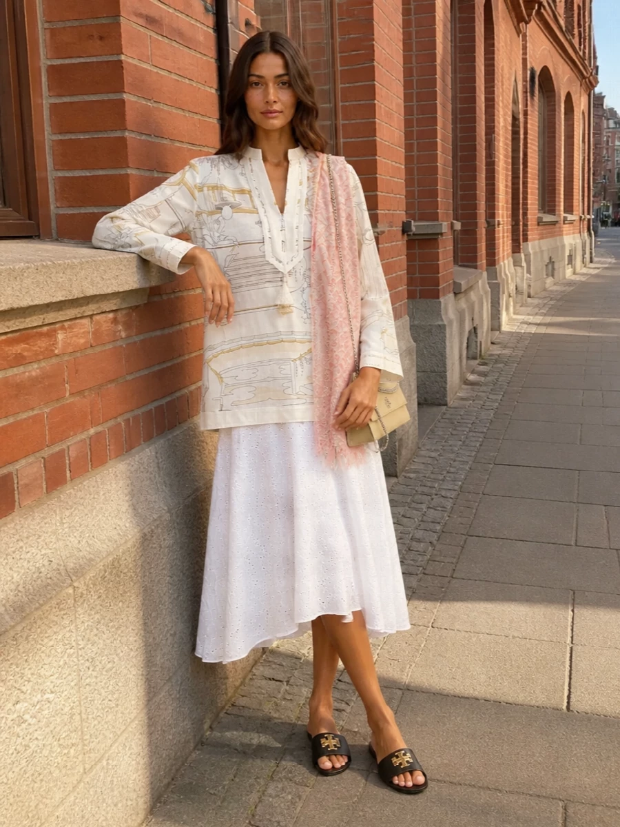 Tory burch tunic white midi skirt flat slides