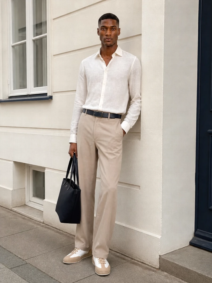 Sand wide-leg tailoring and a semi-sheer ivory shirt create a soft, tonal column that feels calm, precise and warm-weather ready. Off-white and sand sneakers keep the mood relaxed while the navy tote and belt quietly ground the palette for city days that drift into dinner.