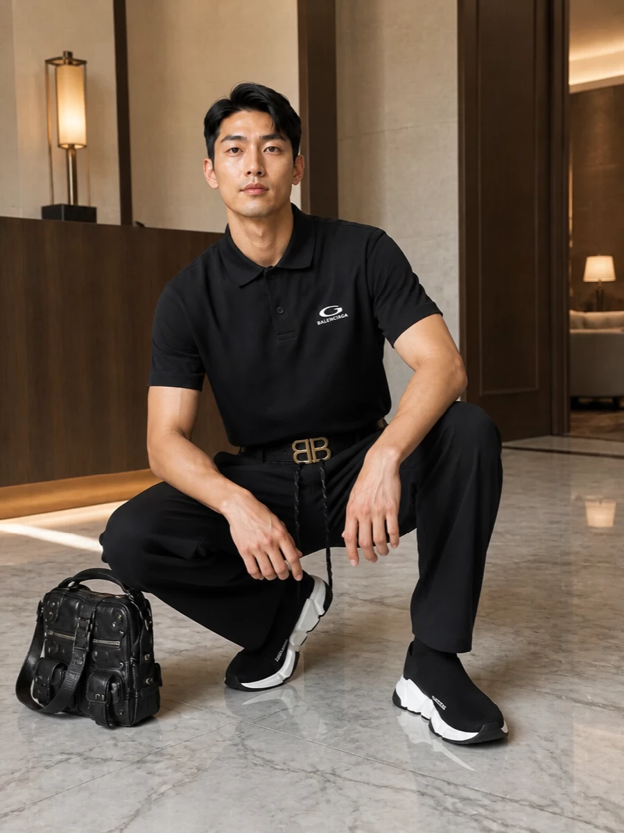 Balenciaga black polo drawstring trouser outfit