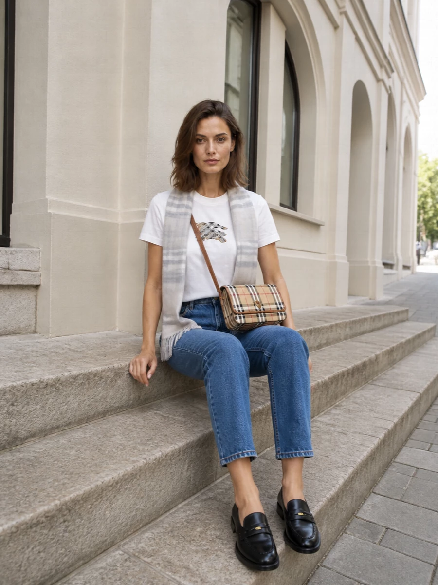 Burberry tshirt straight jeans loafers outfit
