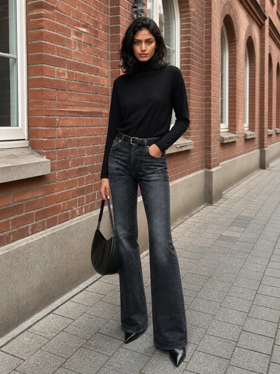Haikure flared jeans black turtleneck ankle boots