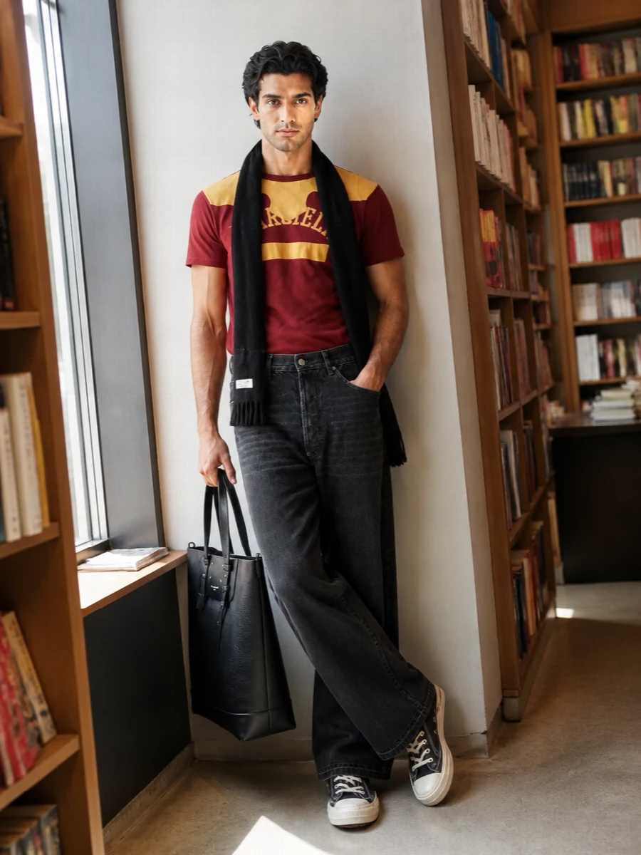 Maison margiela graphic tee wide leg jeans outfit