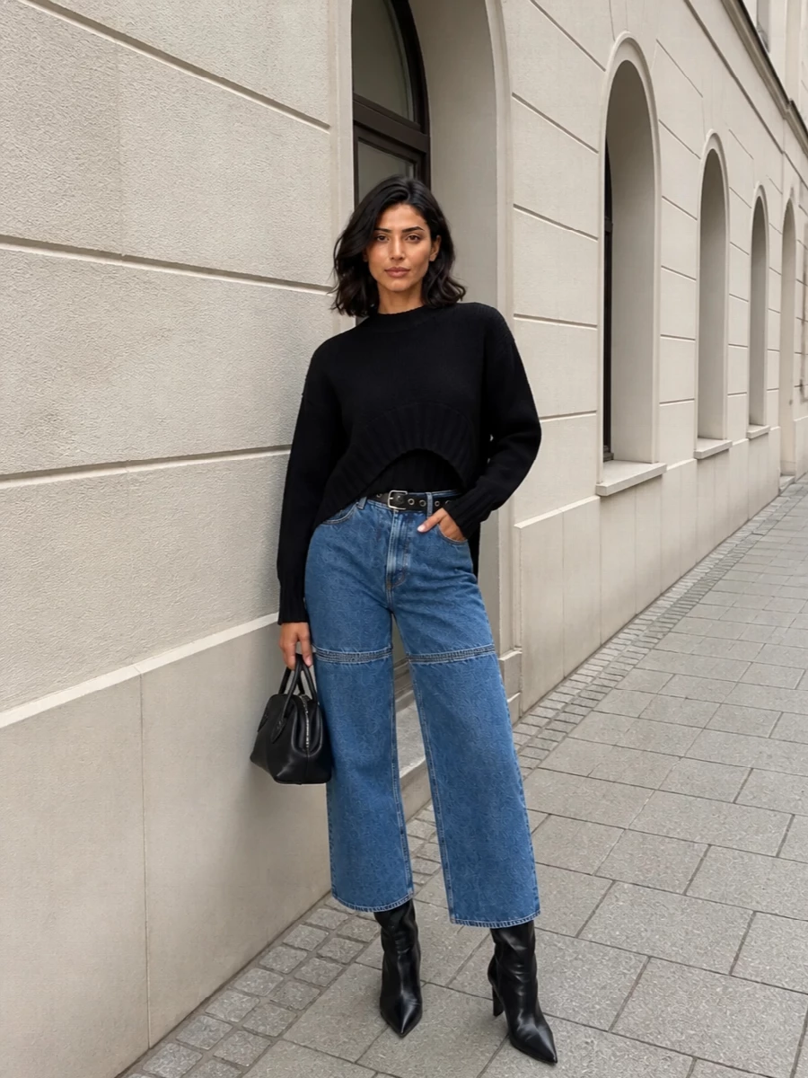 Attico’s cut-out wide-leg denim is anchored with a sculpted black asymmetric knit for a sharp, downtown attitude. Sleek knee-high boots and a structured mini top-handle keep the palette tight and the proportions clean. A slim studded belt adds just enough metal to echo the jeans’ hardware and underline the architectural waistline.