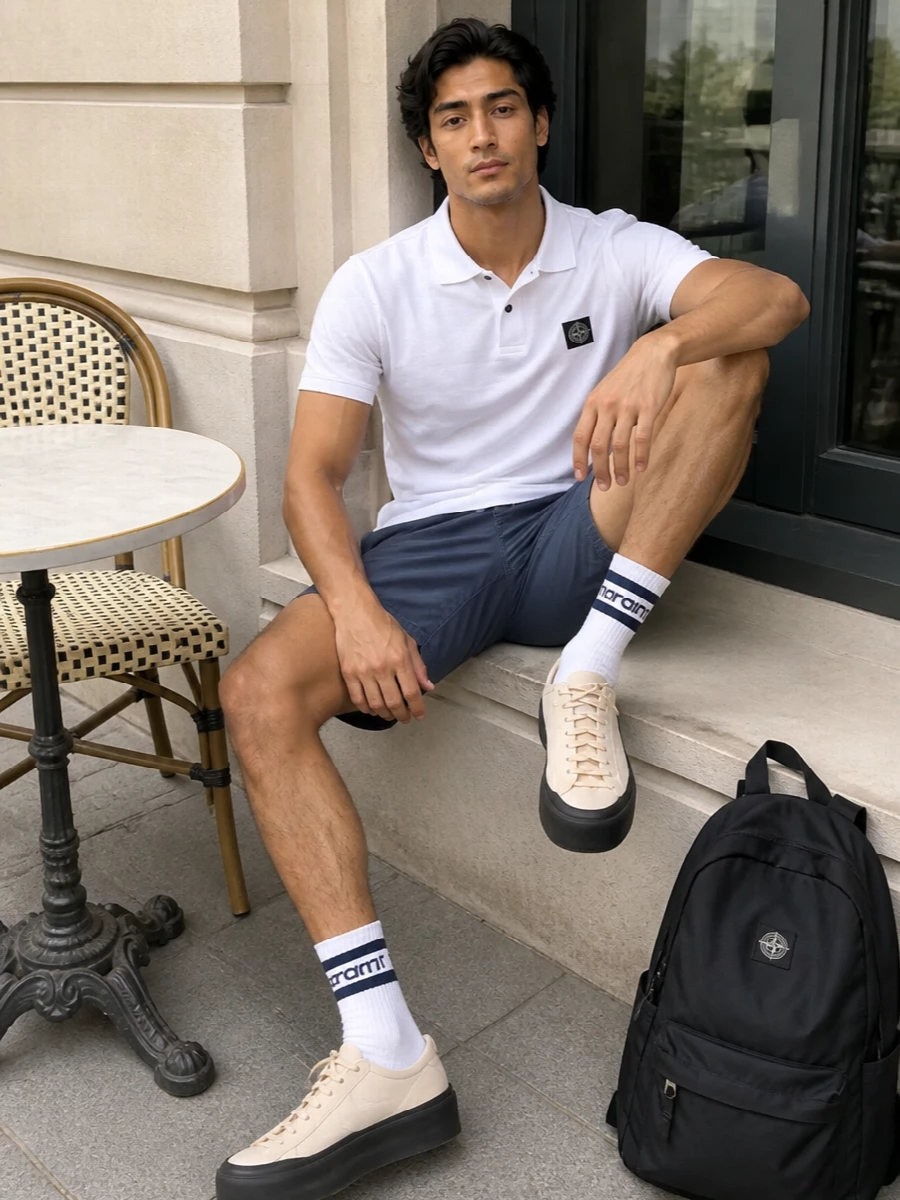 Stone island white polo navy shorts sneakers