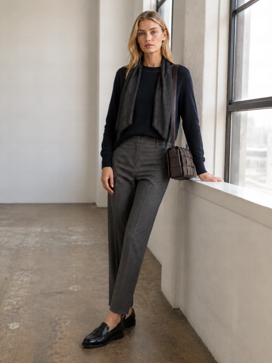 This look leans into Cucinelli’s understated precision: a deep-navy crewneck paired with high-waisted charcoal trousers for a long, quietly tailored line. Polished black loafers and a dark chocolate intrecciato shoulder bag keep the mood refined but relaxed, while the charcoal scarf adds a soft, tonal layer that deepens the FW palette without disturbing its minimalist calm.