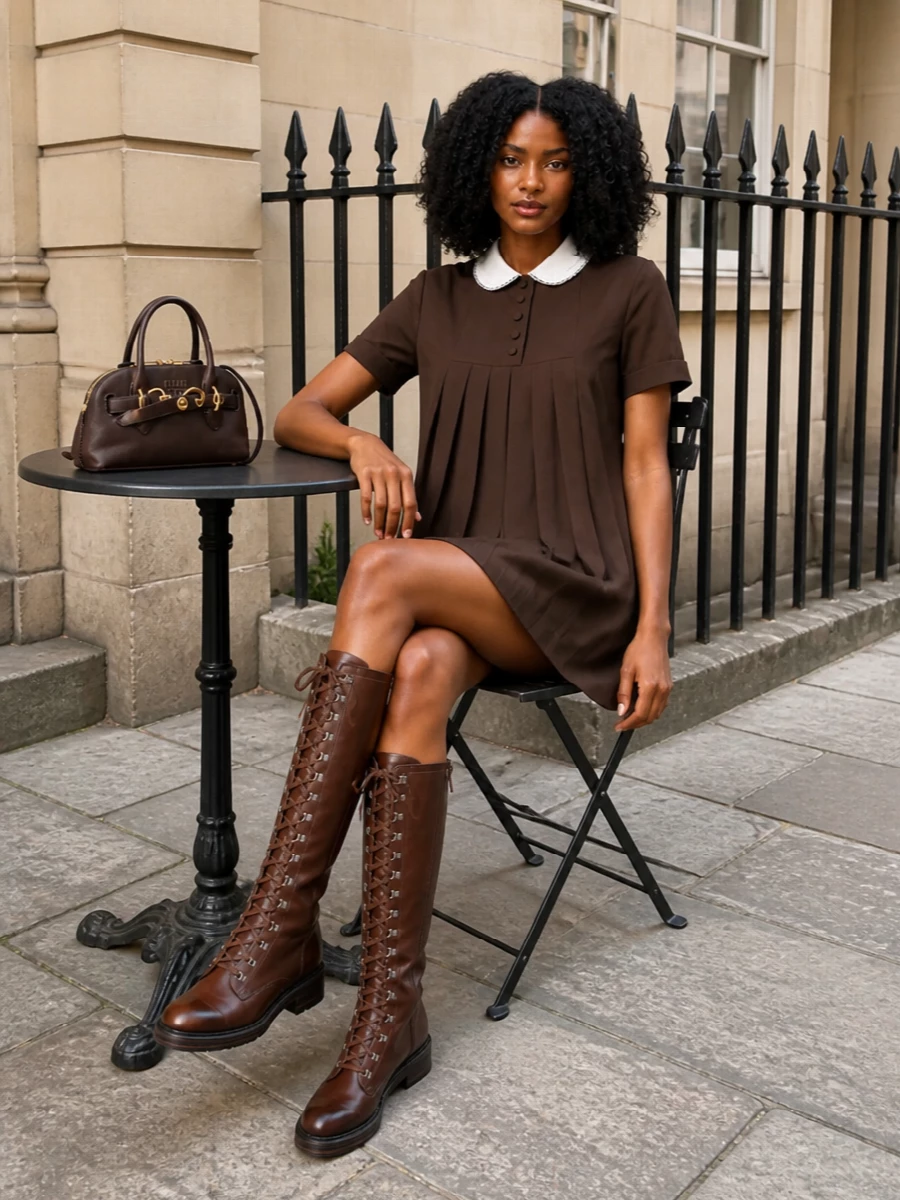 Miu miu brown pleated mini dress knee boots