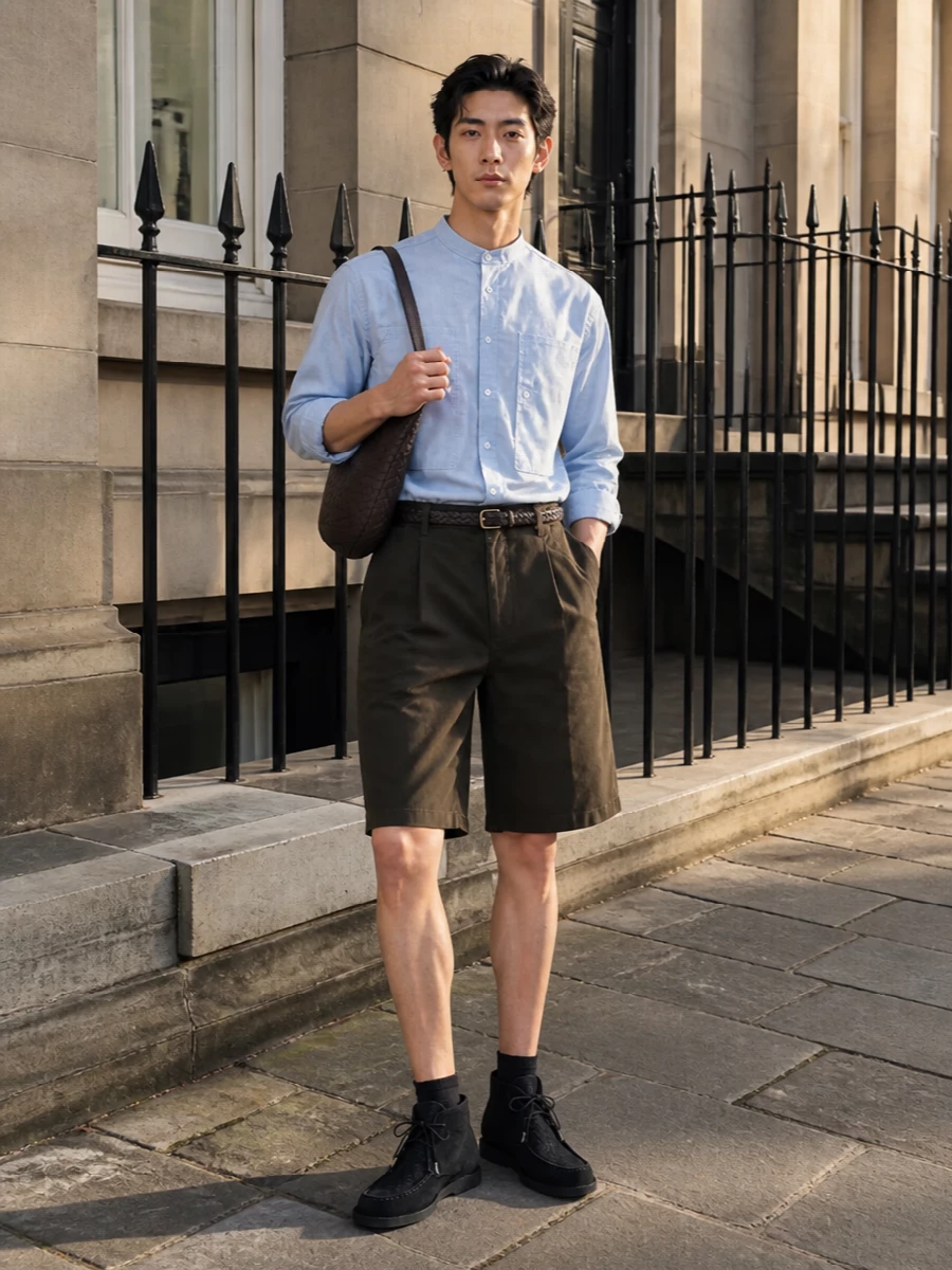 Comme des garcons shorts pale blue shirt outfit