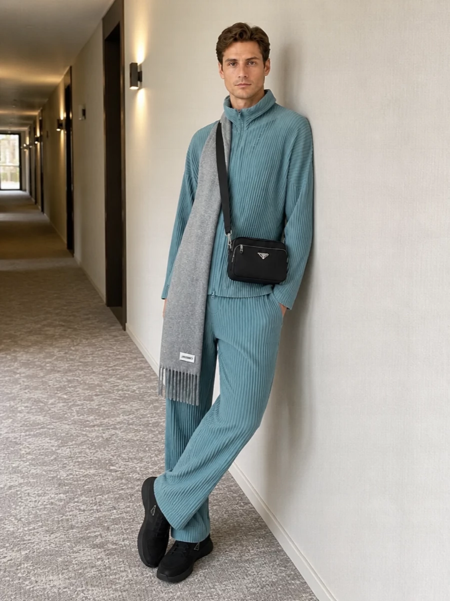 Homme plisse teal set prada black sneakers
