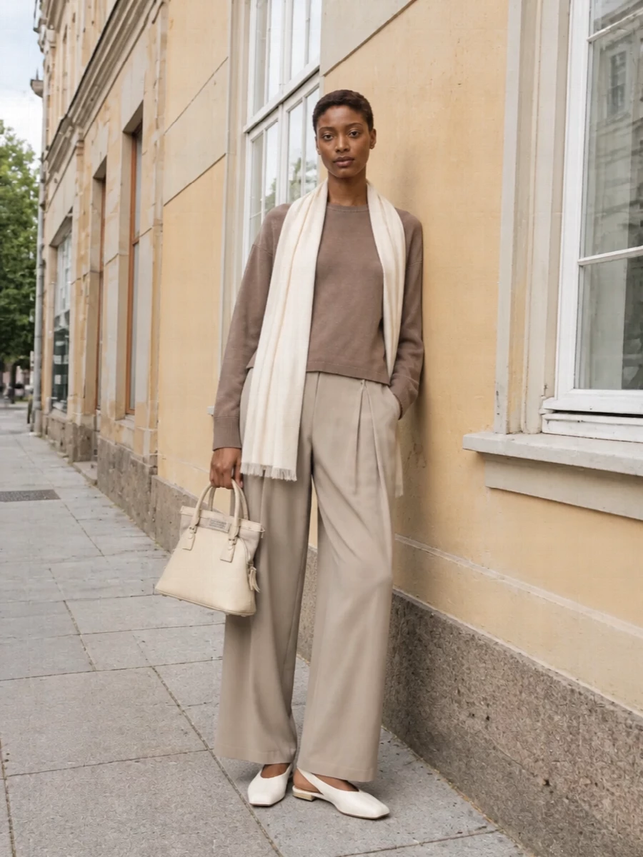 Taupe on soft stone creates a calm, elongated column, with the boxy knit easing over fluid wide-leg tailoring. The white slingback and cream top-handle sharpen the neutrals just enough, keeping everything relaxed but unmistakably considered. A light ivory stole adds quiet texture and lets you adjust the mood from desk to terrace without changing the core pieces.