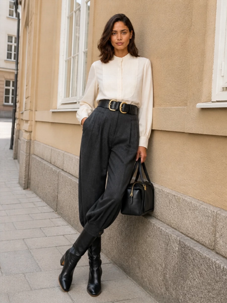 Chloe charcoal trousers cream blouse outfit
