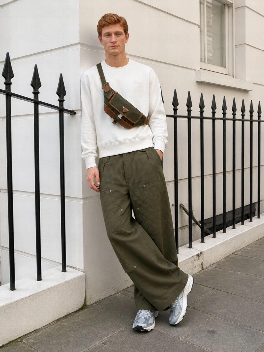 Ultra-wide quilted cargos stay the hero, sharpened by a clean off-white Kenzo sweatshirt that brightens the olive and keeps the branding low-key. Silver tech runners pick up the hardware and add a 2000s performance edge, while the compact olive Prada crossbody and taupe socks quietly tie the palette together. The result is a relaxed, utility street outfit that feels easy to wear but very intentionally put together.