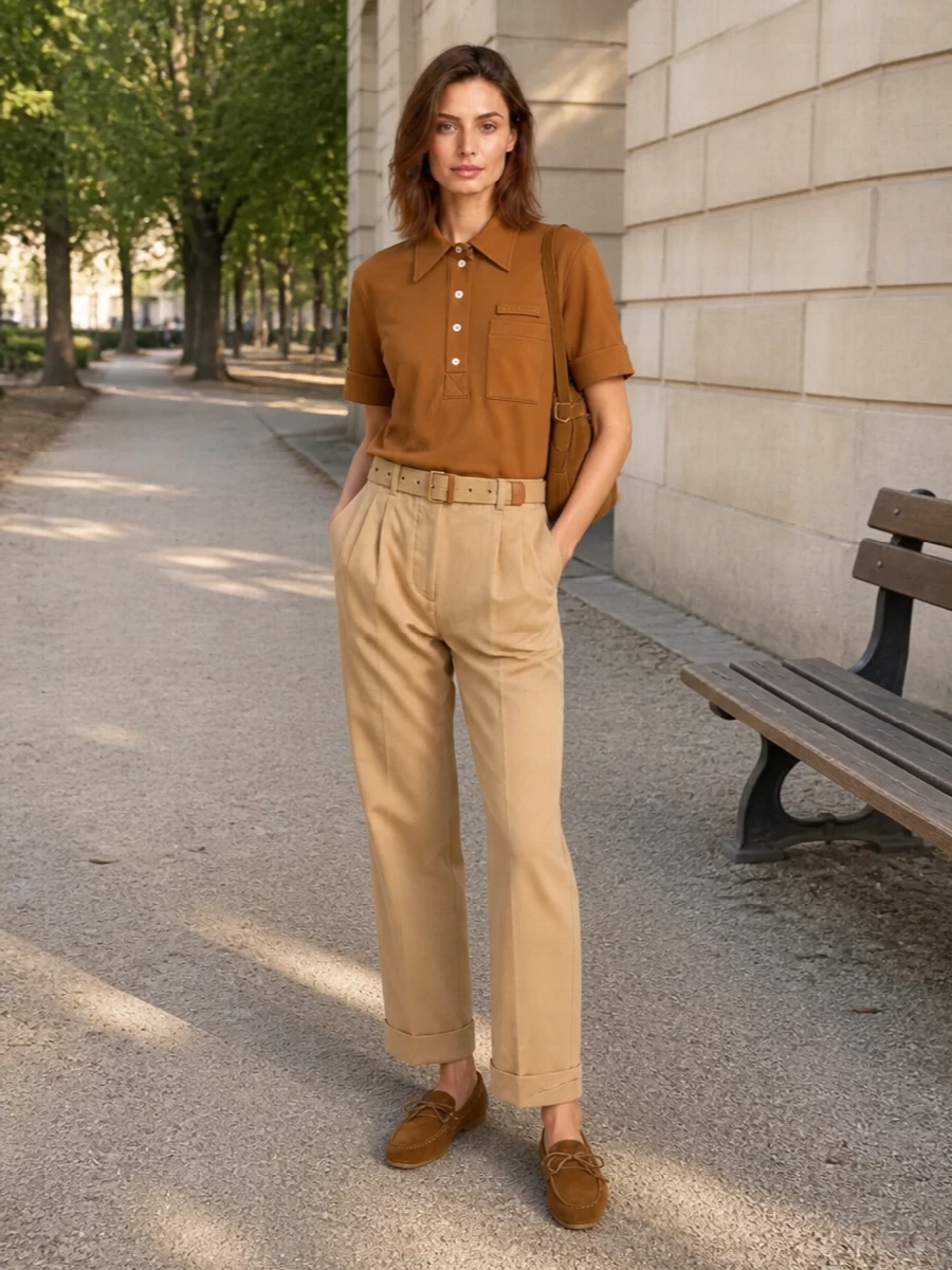 Miu miu camel polo tan chinos suede moccasins