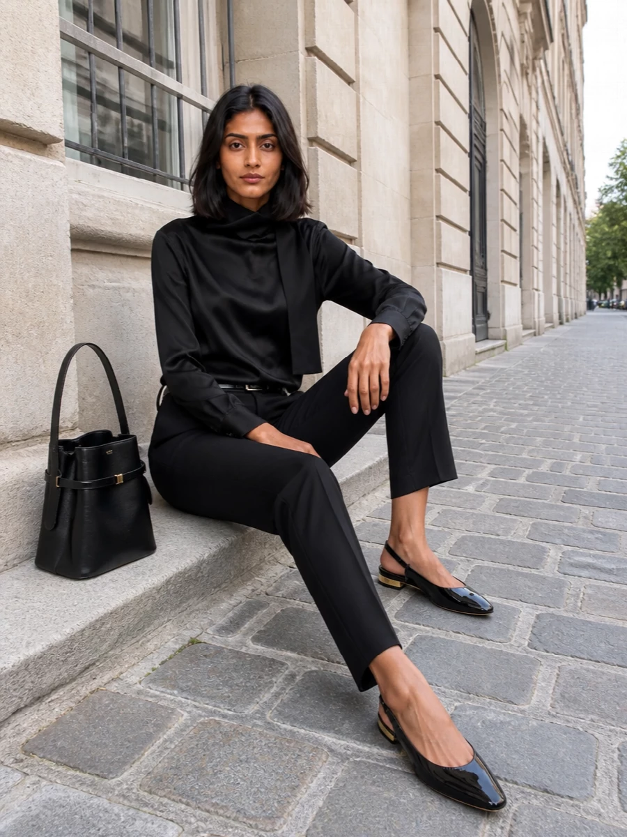 Toteme black silk blouse tailored trousers outfit