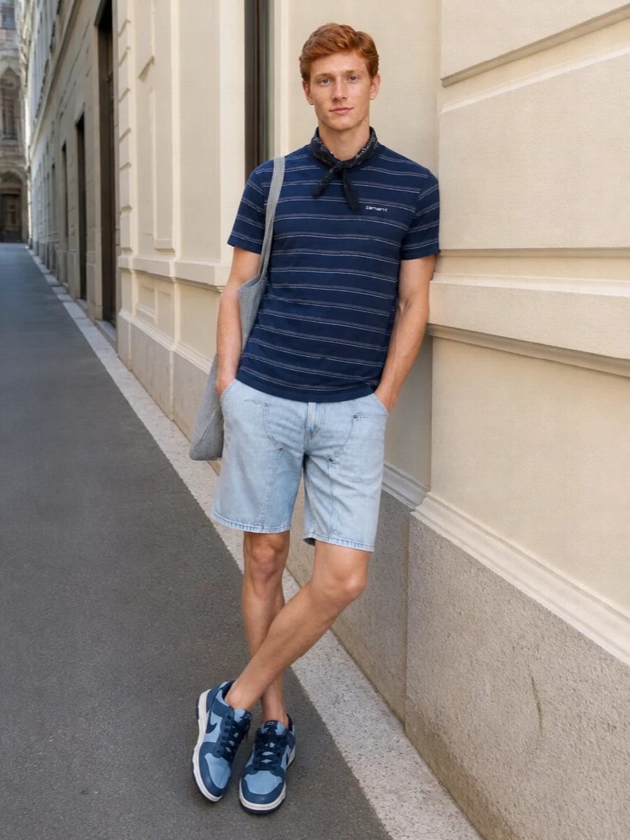A washed navy stripe tee meets light-wash carpenter shorts for a clean, easy mix of skate and workwear energy. Navy-toned sneakers keep the blues tight but playful, while a striped tote and slim crinkled scarf add just enough utility detail to feel considered without trying hard.