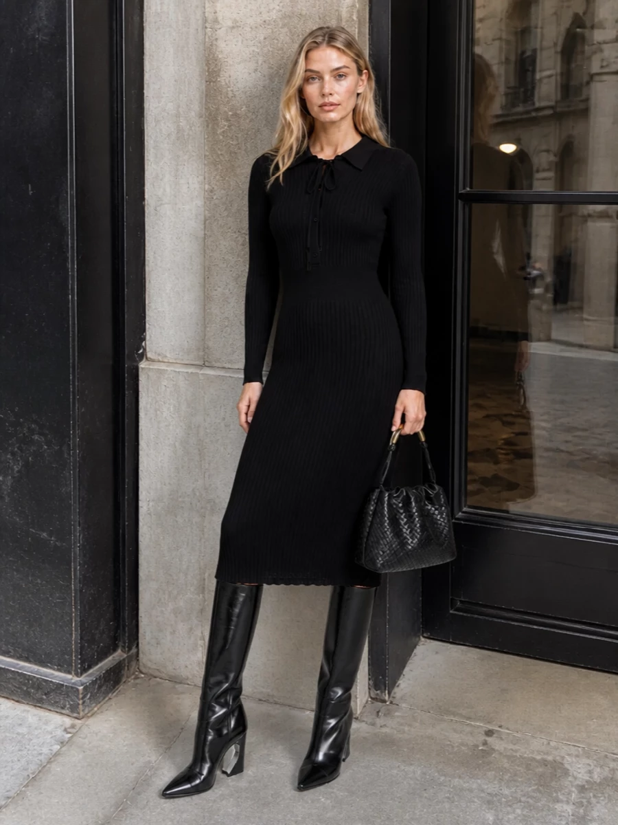 Fendi knee high boots black knit midi dress