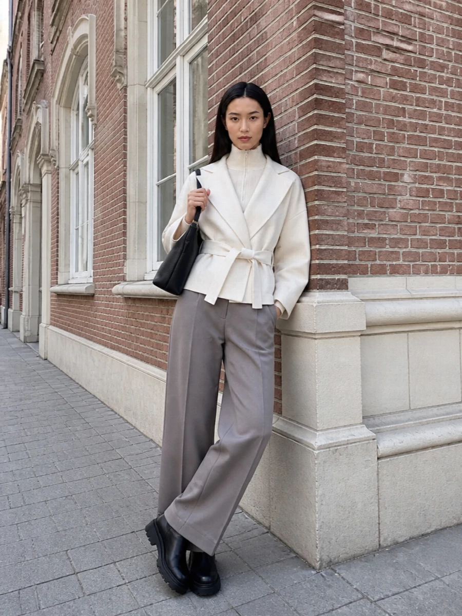Frankie shop ivory coat taupe trousers outfit