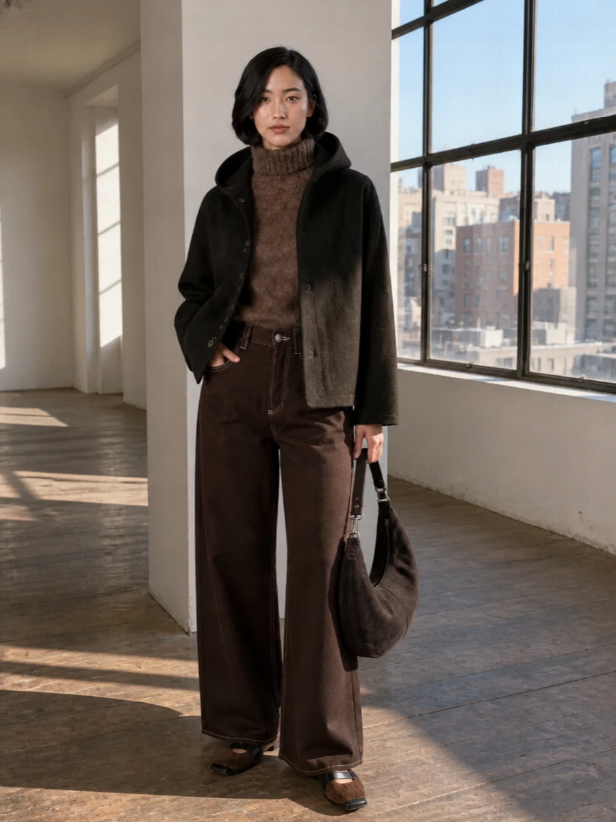 Uma wang brown coat wide leg jeans outfit
