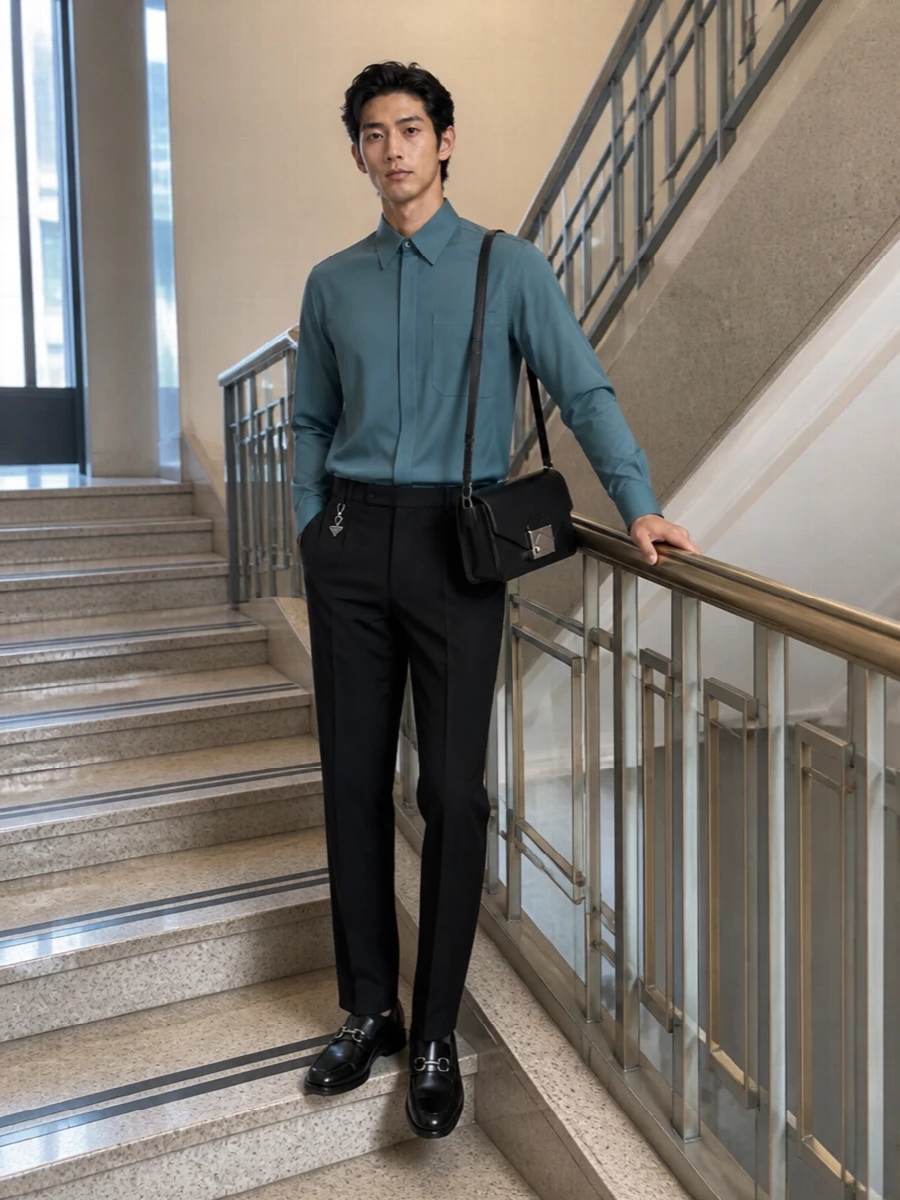 Prada’s pleated black trouser meets a cool dusty teal Fendi shirt for a precise, modern palette that feels considered rather than classic corporate. Black Ferragamo loafers and a structured Montblanc crossbody pick up the silver hardware and clean lines, keeping the whole outfit quietly sharp from daytime meetings to late dinners.