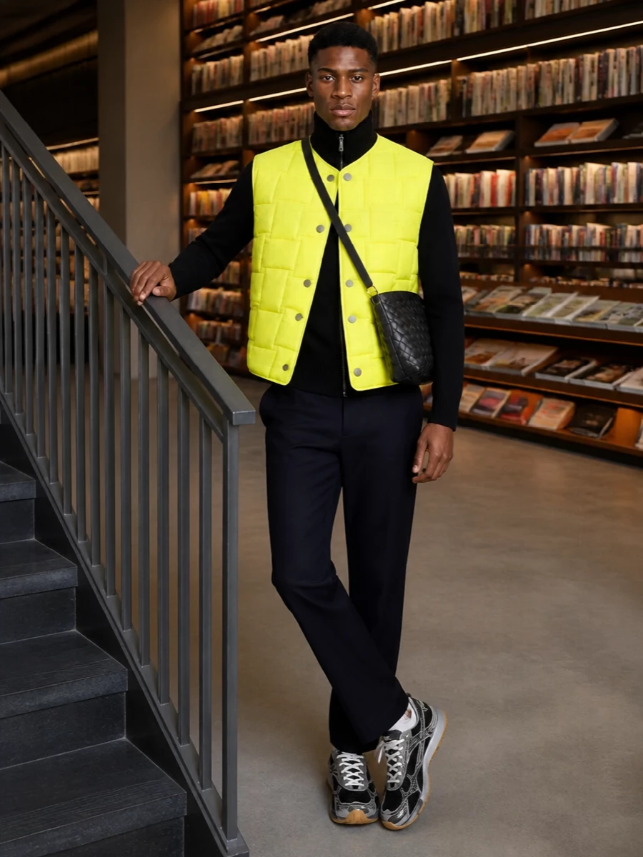 Bottega veneta neon gilet navy trousers outfit