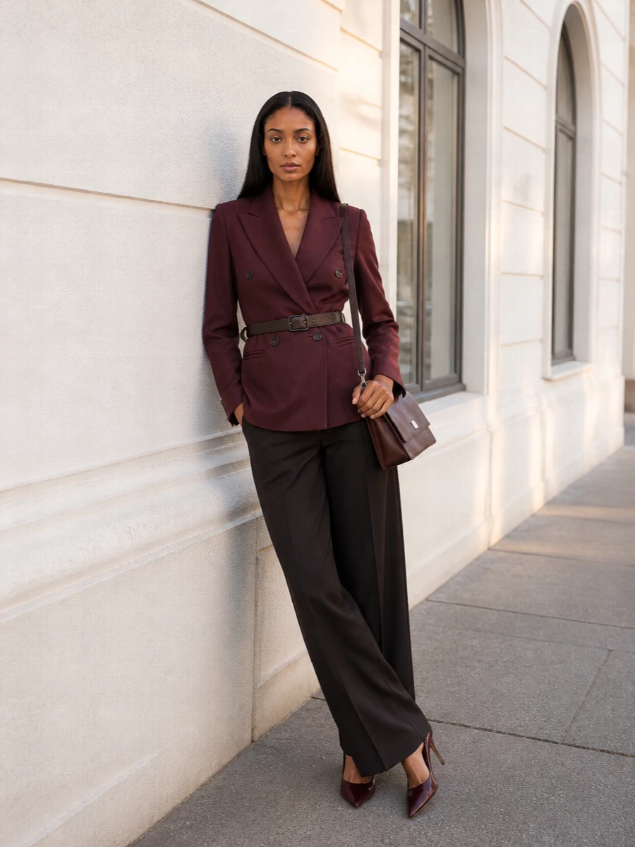 Max mara burgundy blazer brown wide leg trousers