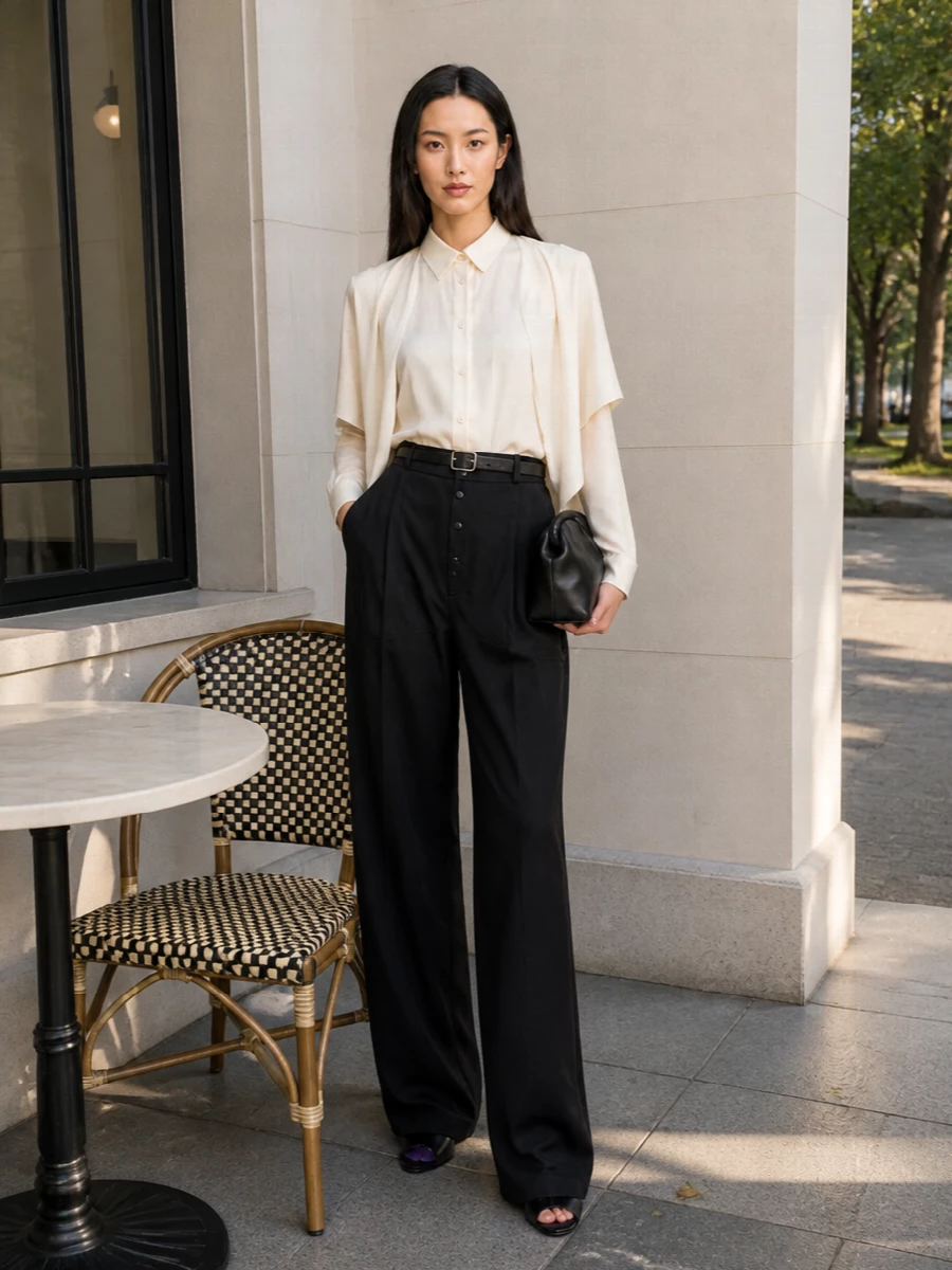 A high-waisted black wide leg anchors a softly dramatic ivory draped shirt, keeping the mood refined rather than showy. The slim black belt and sculpted mules sharpen the long, fluid silhouette, while a compact black pouch keeps everything in the same quiet, tailored register. It is an unfussy city uniform that slips from daytime polish into understated evening with a simple change of beauty or jewelry.