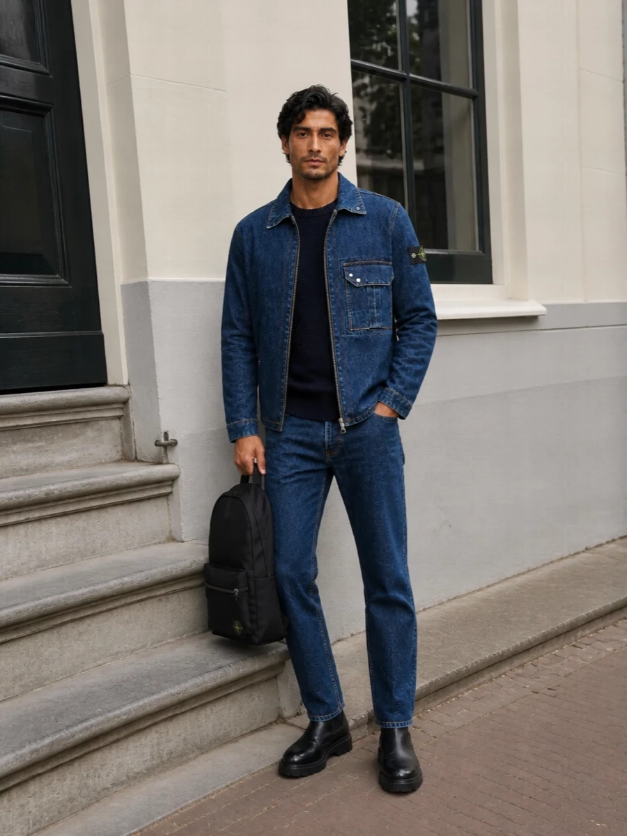 Stone island denim jacket chelsea boot outfit