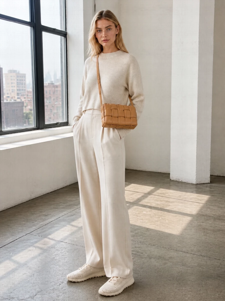 A softly tonal column of ivory and cream keeps the focus on texture, from the ribbed knit to the fluid wide‑leg trouser. Neutral knit sneakers and a caramel intrecciato cross‑body keep everything relaxed yet precise, ideal for polished days on the move. The result is easy, monochrome quiet luxury that feels intentional without trying too hard.