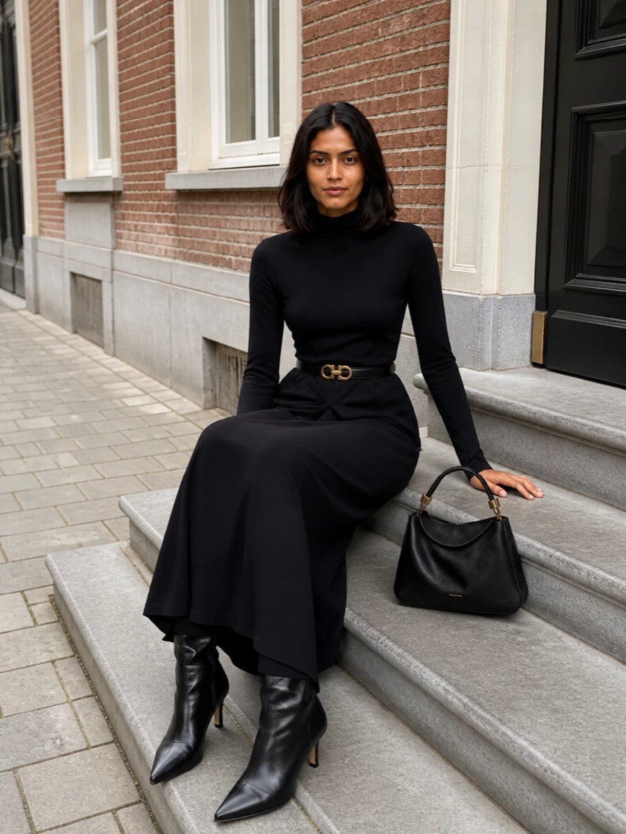 I’ve gone down the dress route, using the Fabiana Filippi column as a clean canvas for the Ferragamo belt rather than breaking the line with separate tailoring. The result is a long, inky black silhouette with considered gold hardware points at the waist and hand, grounded by a sharp knee-high boot for a composed, quietly luxurious evening ensemble. Everything aligns around Italian-inflected tailoring and a strict black palette so the belt reads as a deliberate, architectural accent rather than a logo moment.