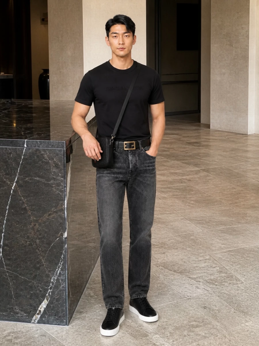 Versace black tshirt grey jeans sneakers