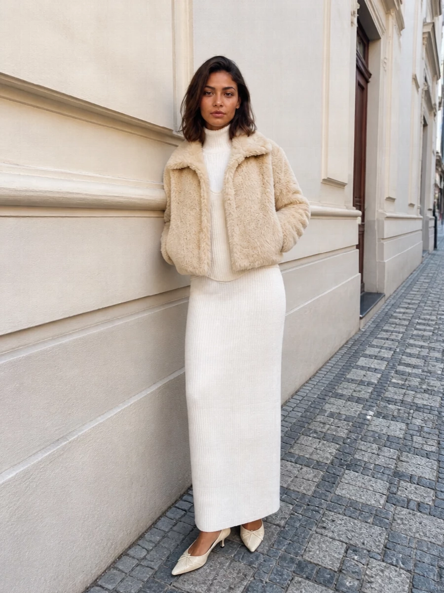 Jacquemus faux fur jacket gaultier ivory knit dress