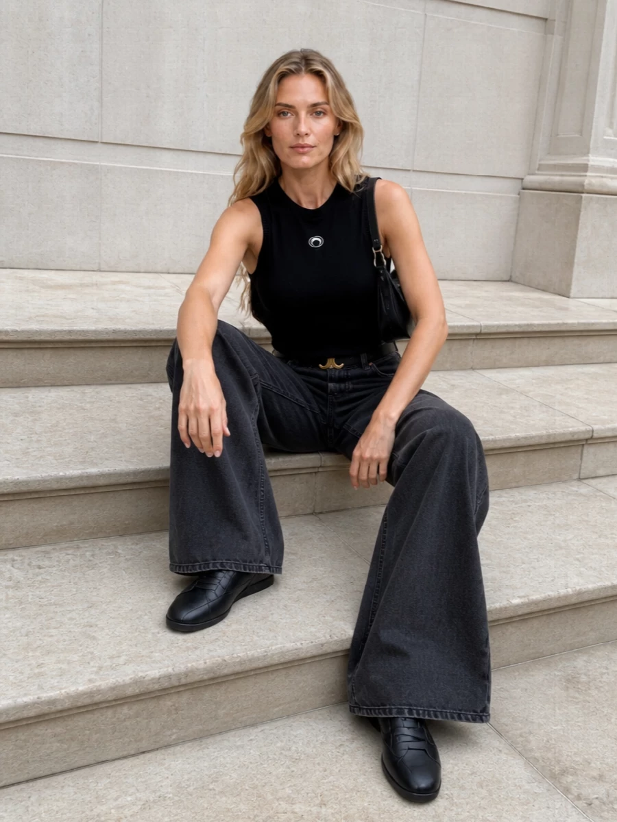 A fitted Marine Serre tank meets high-rise wide-leg monogram denim for a monochrome silhouette that feels sharp, quiet and distinctly urban. Sleek black Marni sneakers keep the energy grounded and low-key, while a sculptural Margiela shoulder bag and a slim crescent belt add just enough structure and brand detail without breaking the minimal rhythm.