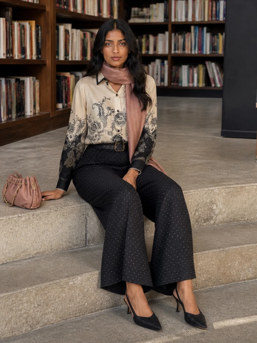 Zimmermann’s paisley shirt is grounded with the high-waisted black wide-leg trouser, letting the border print stay dramatic while the silhouette reads long and refined. A sharp black slingback and petite rose-tan shoulder bag keep the palette tight and evening-ready, adding just enough romance without disturbing the tailored ease. Wear the shirt half-tucked to emphasise the waist and let the fluid trouser do the work below.