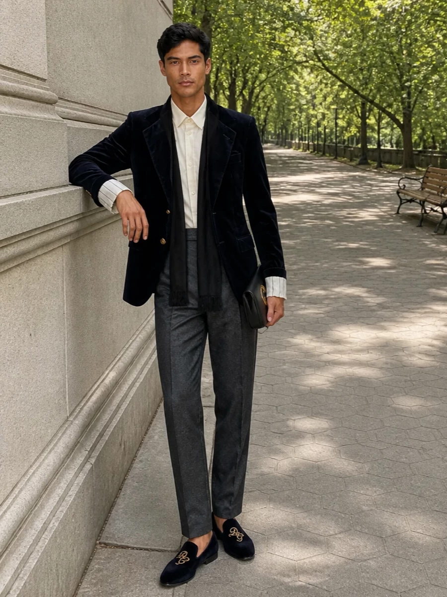 Gucci velvet blazer charcoal trousers outfit