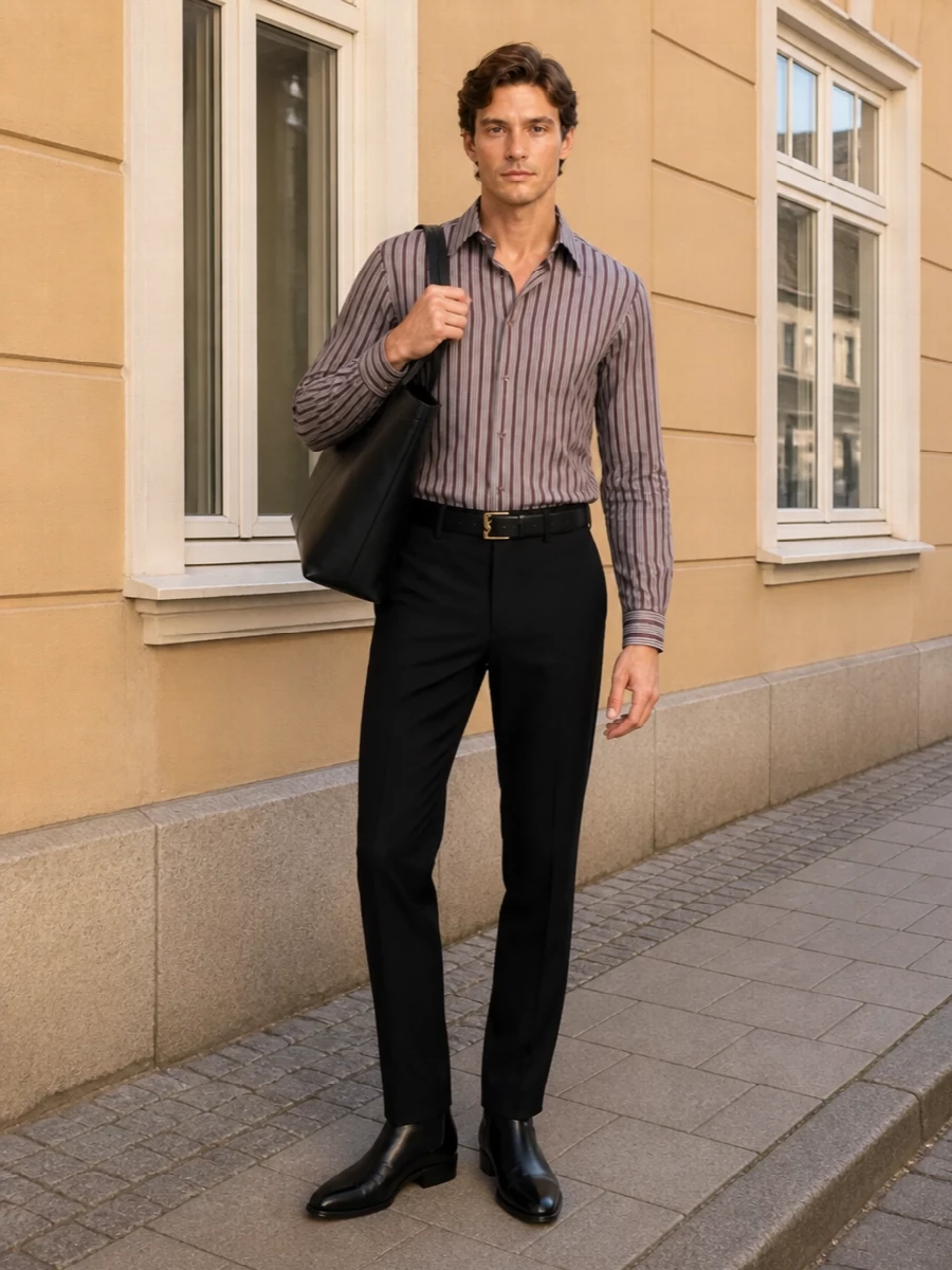 Saint laurent striped shirt black trousers boots