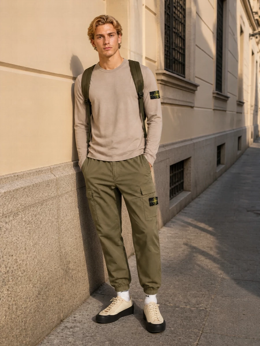Stone island cargo pants neutral sneakers outfit