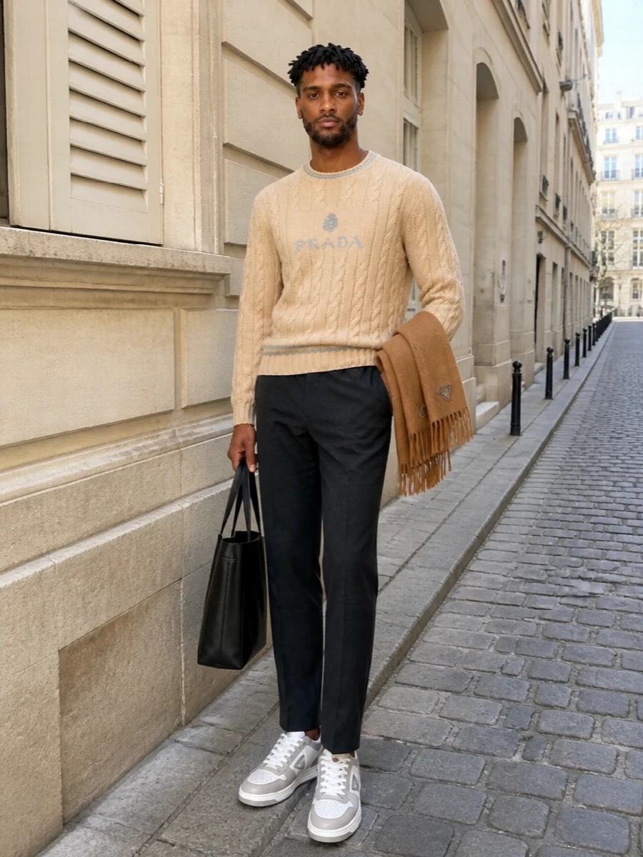 Prada beige cable sweater charcoal trousers