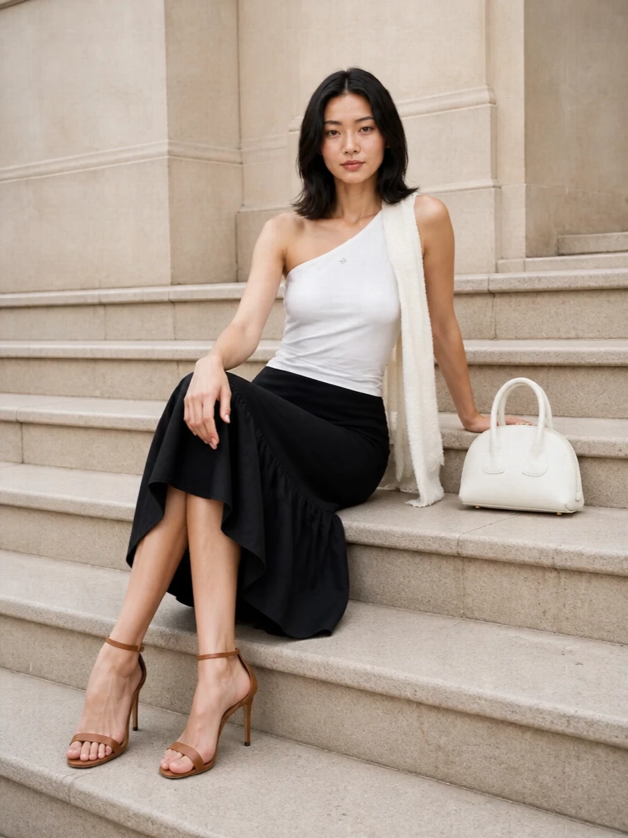 Patou one shoulder top black midi skirt outfit