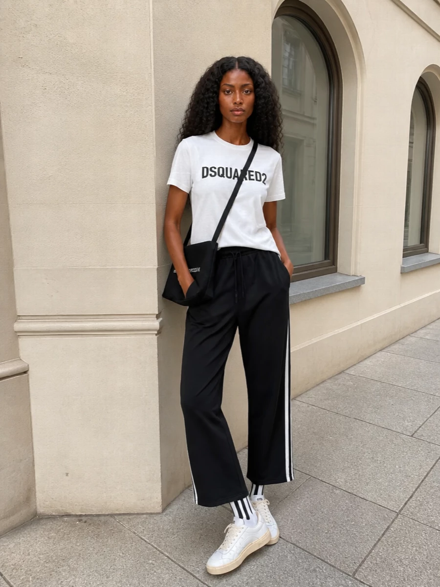A crisp white logo tee with black track pants builds a clean, branded street uniform that reads sporty but considered. Off-white low-top sneakers keep it relaxed and grounded, while the monochrome crossbody and striped socks add just enough graphic detail without breaking the minimal mood. It is an easy city outfit that moves from errands to casual nights with zero effort needed on styling tricks.