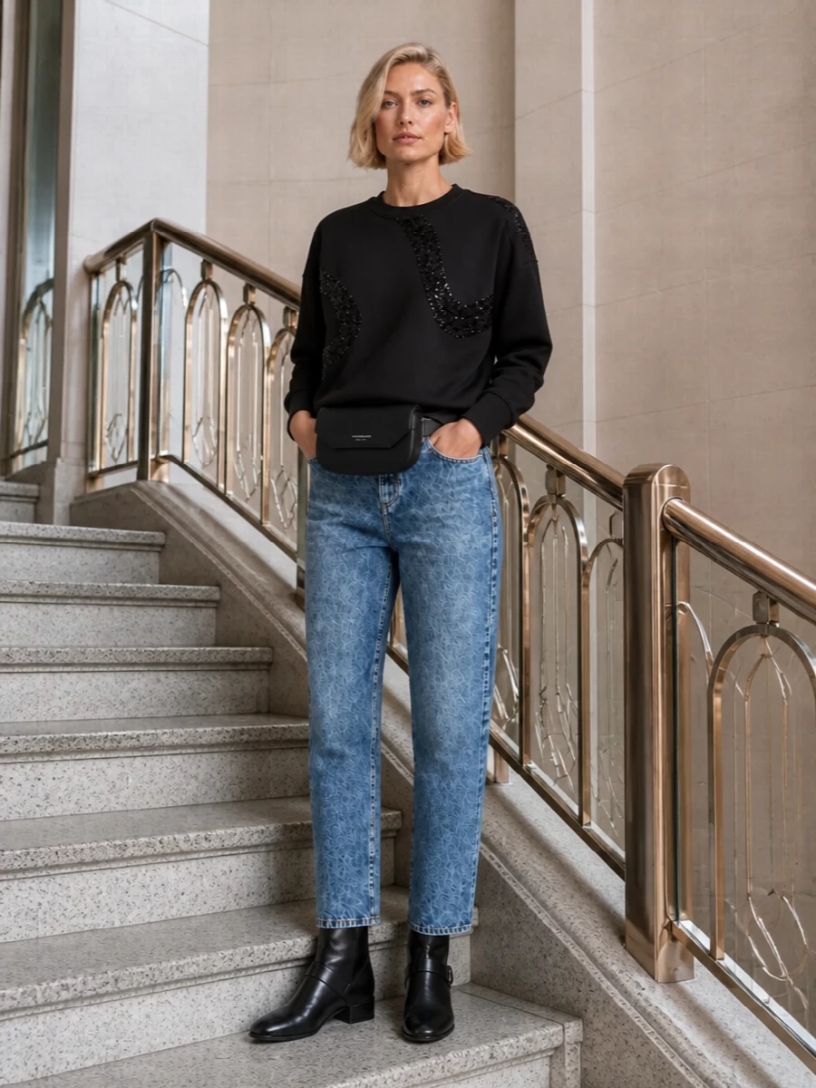 Frosted straight-leg denim meets a cropped sequin sweatshirt for a downtown take on casual dressing that feels relaxed but intentional. Sleek black ankle boots sharpen the line, while a streamlined belt bag sits at the waist for a hands-free, street-informed finish. The monochrome accents let the denim texture stay in focus without the look feeling heavy.