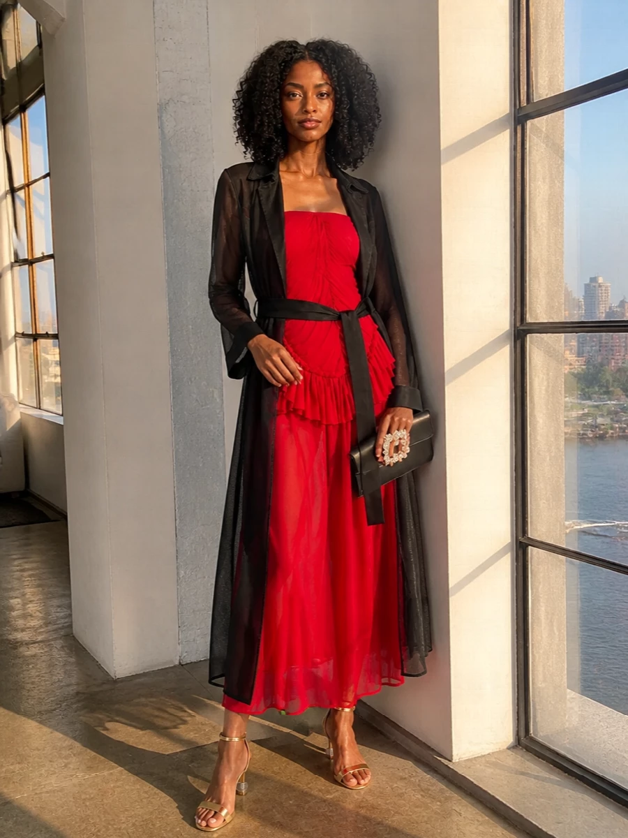 A vivid red chiffon column does all the talking, so everything around it stays precise and luminous. Fine gold sandals and a crystal-buckled black clutch frame the color with just enough shimmer for summer cocktail hours. The result feels romantic and slightly boho, but sharply edited for gallery openings and late dinners alike.