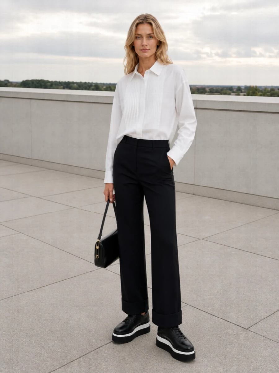 A crisp pleated white shirt meets impeccably cut black trousers for a monochrome take on quiet luxury that lets the platform sneakers feel intentional rather than casual. The long, straight leg and clean shirting keep the silhouette elongated and modern, perfect for days when you want polish with a subtle street edge. I chose the top and trouser path over a dress so the sneakers can function as a grounded, tailored partner rather than feeling like an afterthought to eveningwear.