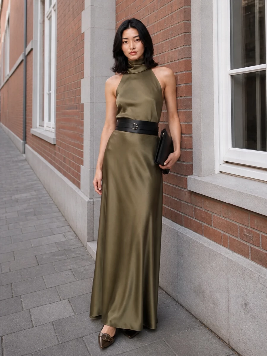 Ralph lauren satin maxi skirt halter evening outfit