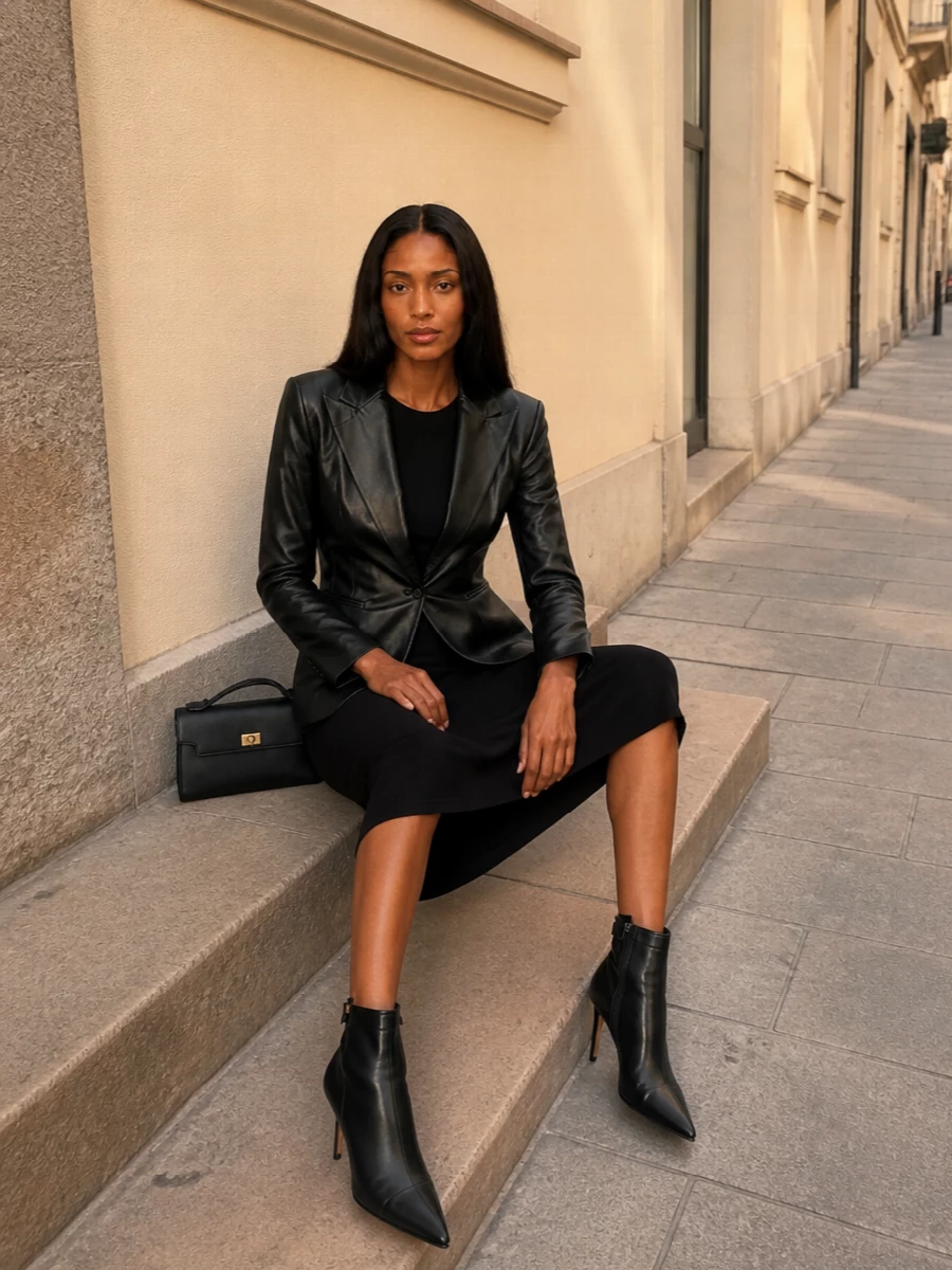 The andamane black blazer midi dress outfit