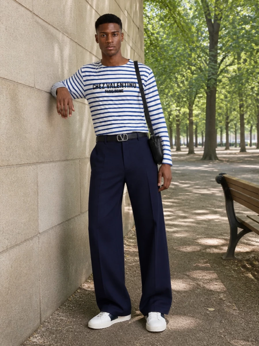 Valentino navy track pants striped breton tee outfit