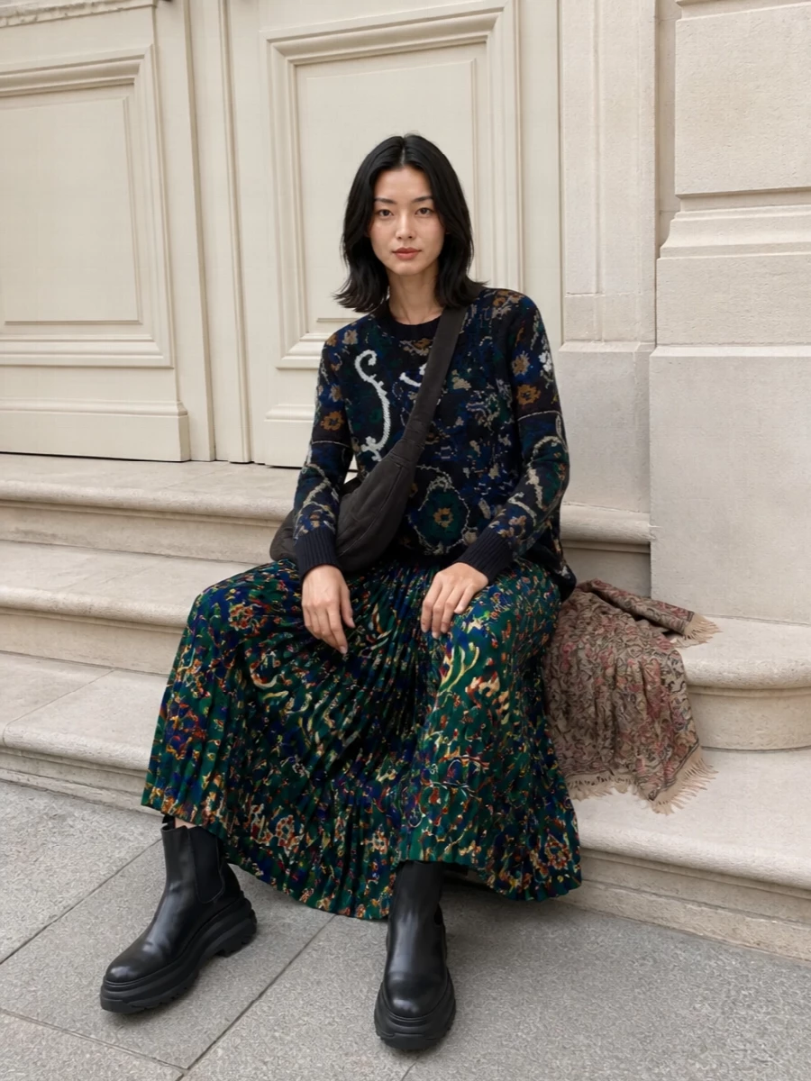 Sacai floral knit pleated midi platform boots