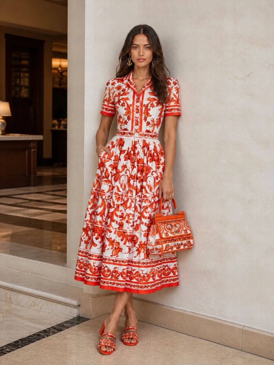 Dolce gabbana red print midi dress orange bag