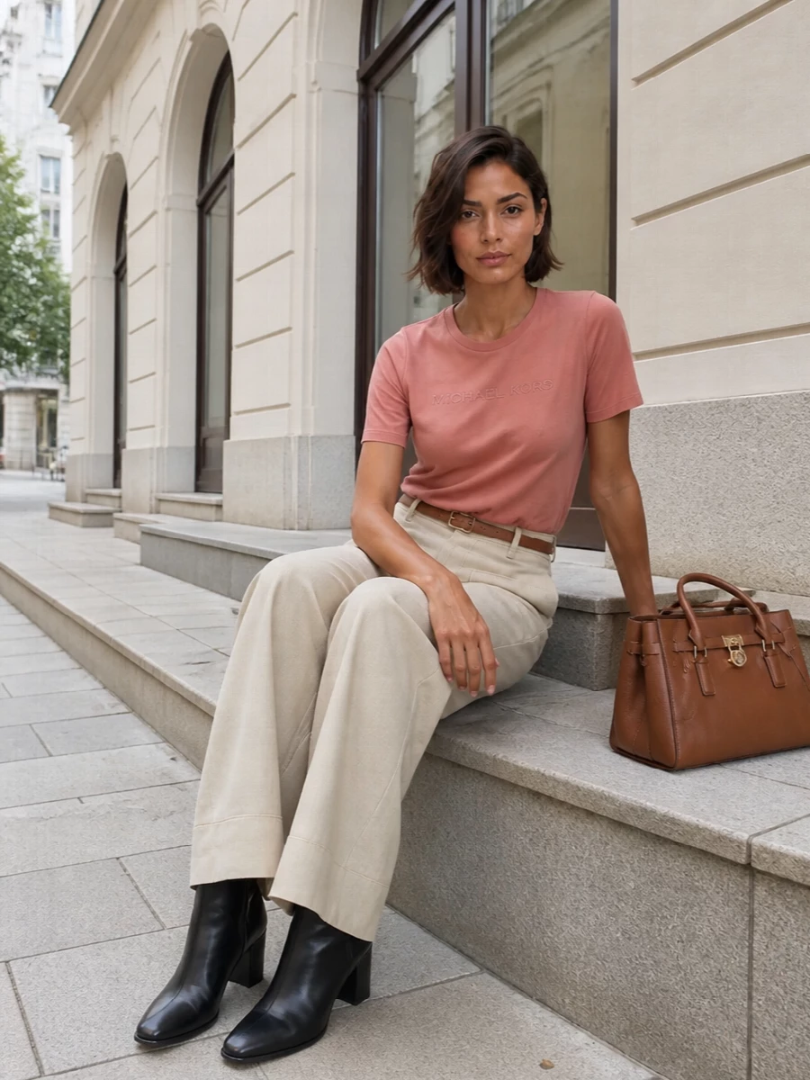 Michael kors coral tee wide leg pants outfit