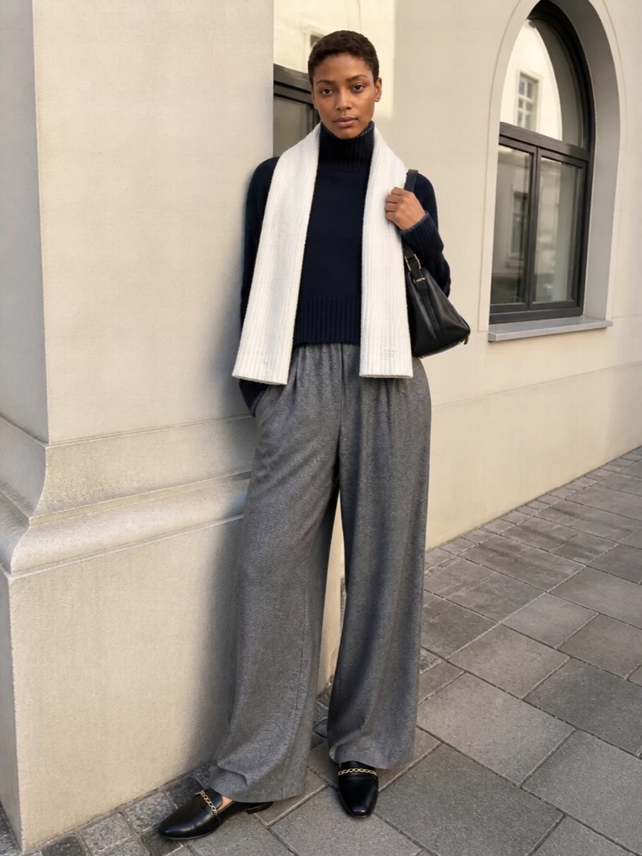 Pinko navy turtleneck grey wide leg pants outfit