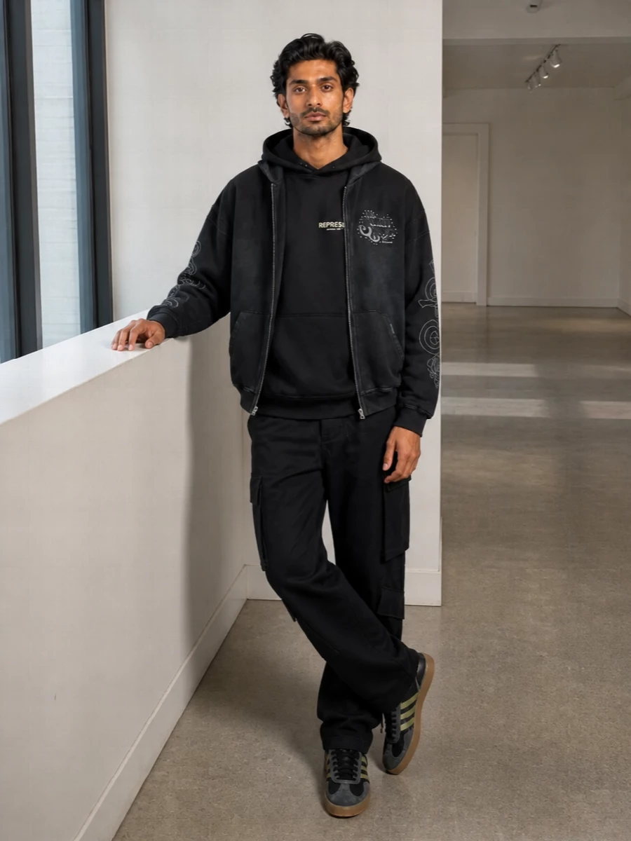 Represent hoodie black cargo pants adidas sneakers