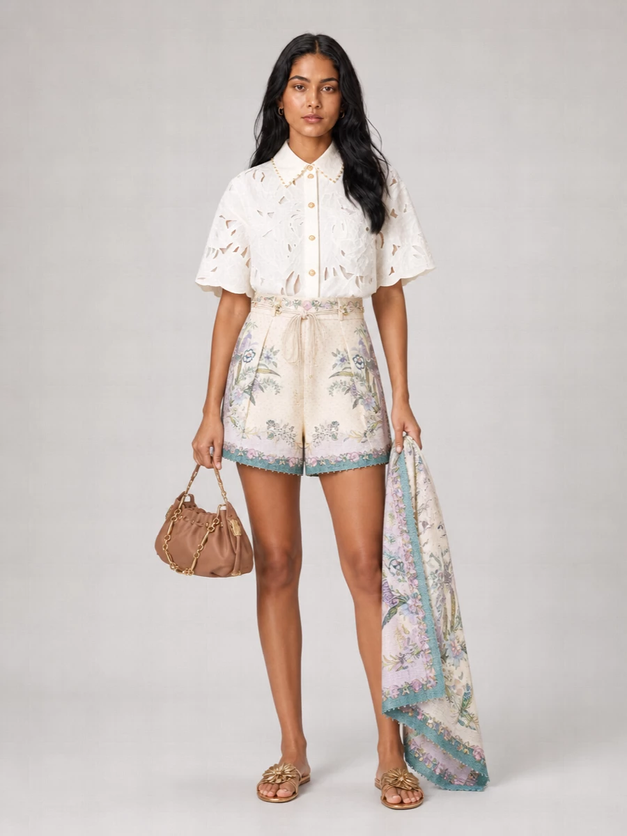 Zimmermann Linen Floral-Print High-Rise Pleated Shorts